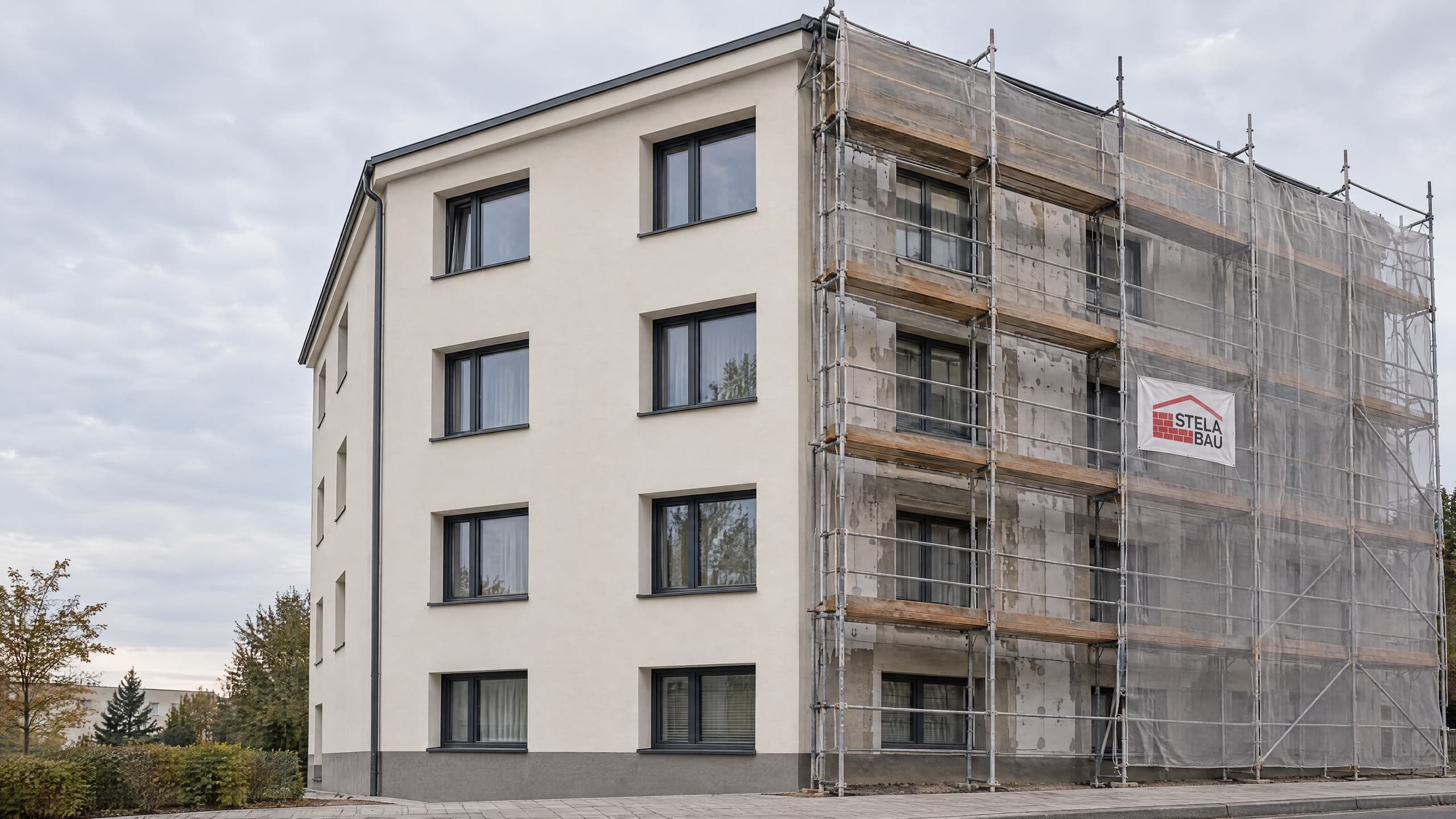 Bytový dom počas zatepľovania fasády: vľavo hotová omietka, vpravo lešenie s bannerom Stela Bau